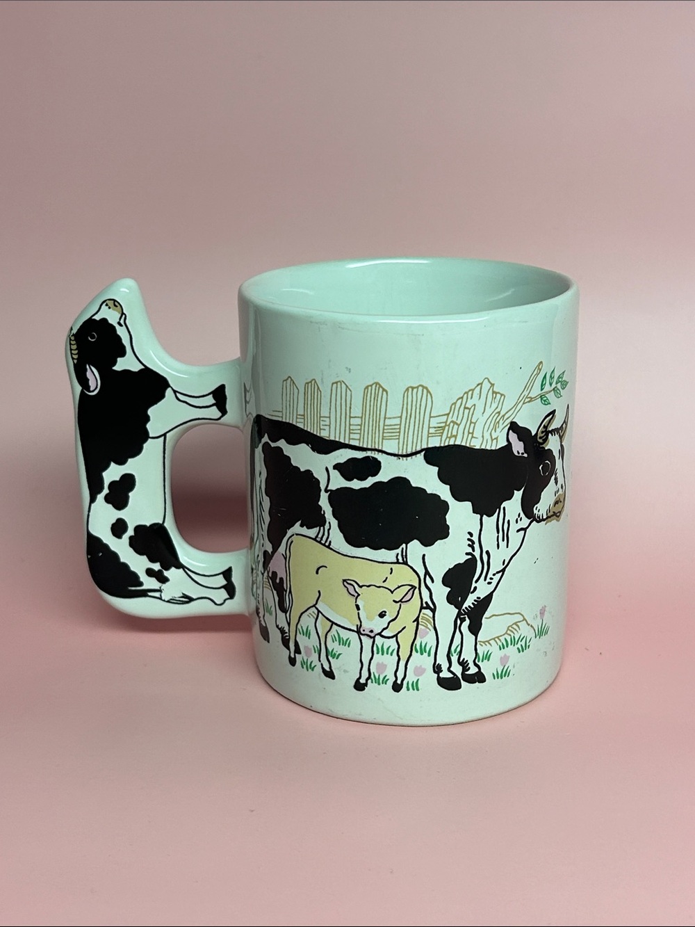 Vintage Enesco Cow Ceramic Coffee Cup Mug Farm Cow Handle Cow With Tan Calf
